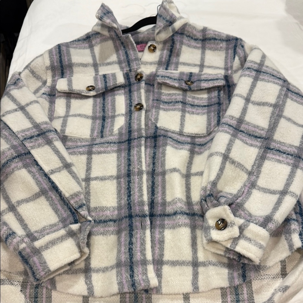 Francesca's Collections White and Purple Plaid Button Down Sweater